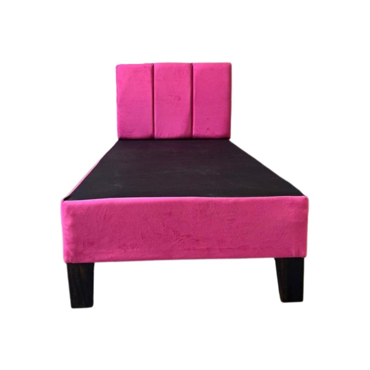 Cama Americana 1P + Colchon de resortes + Respaldo Fucsia Tubular Felpa Pmadera-2