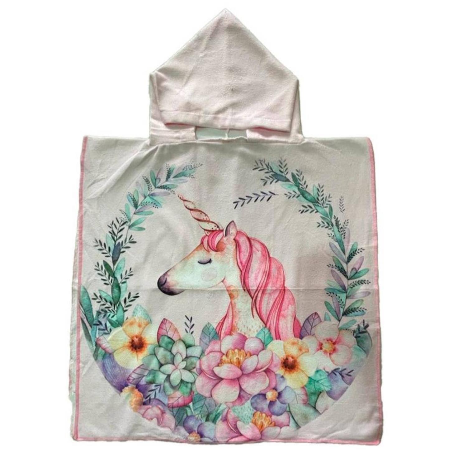 TOALLA CON CAPUCHA INFANTIL DISEÑO UNICORNIO CON FLORES	-0