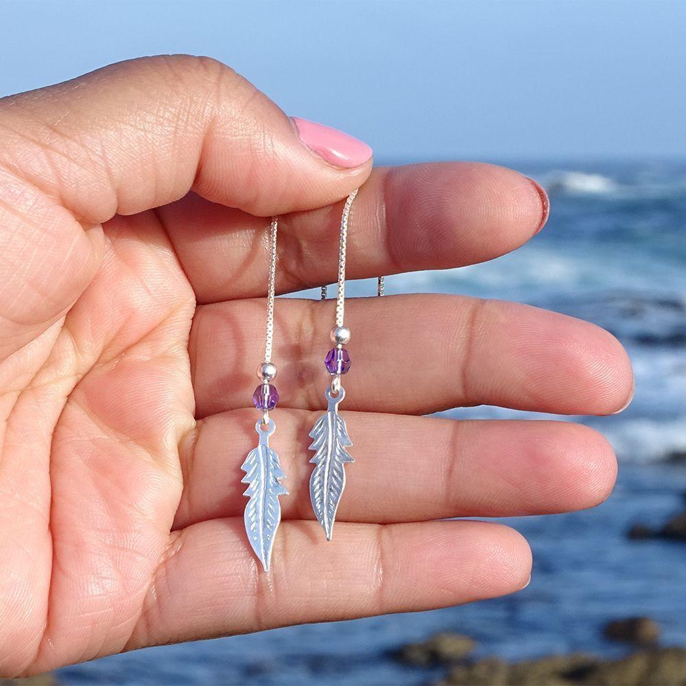Aros De Plata 925 Plumas Con Cristal Violeta - MABELITA-2