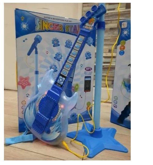 Set Guitarra Microfono Pedestal Juguete Mp3 Luces Azul-4