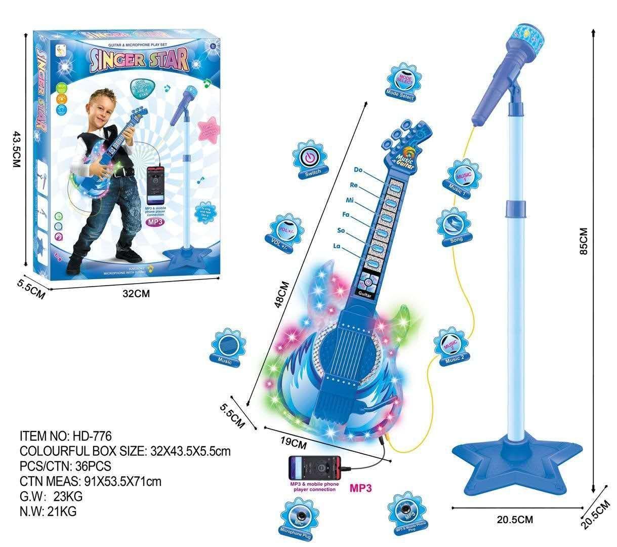 Set Guitarra Microfono Pedestal Juguete Mp3 Luces Azul-2