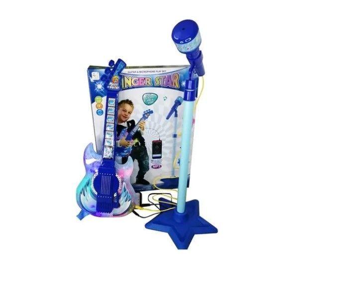 Set Guitarra Microfono Pedestal Juguete Mp3 Luces Azul-3