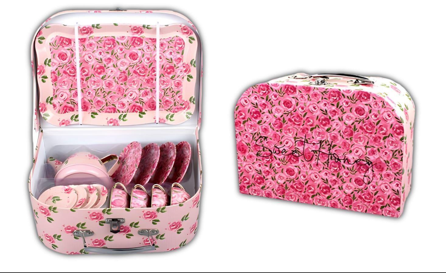 Juego De Tacitas Teteras Platitos Metálicos Caja Regalo Rosa-4