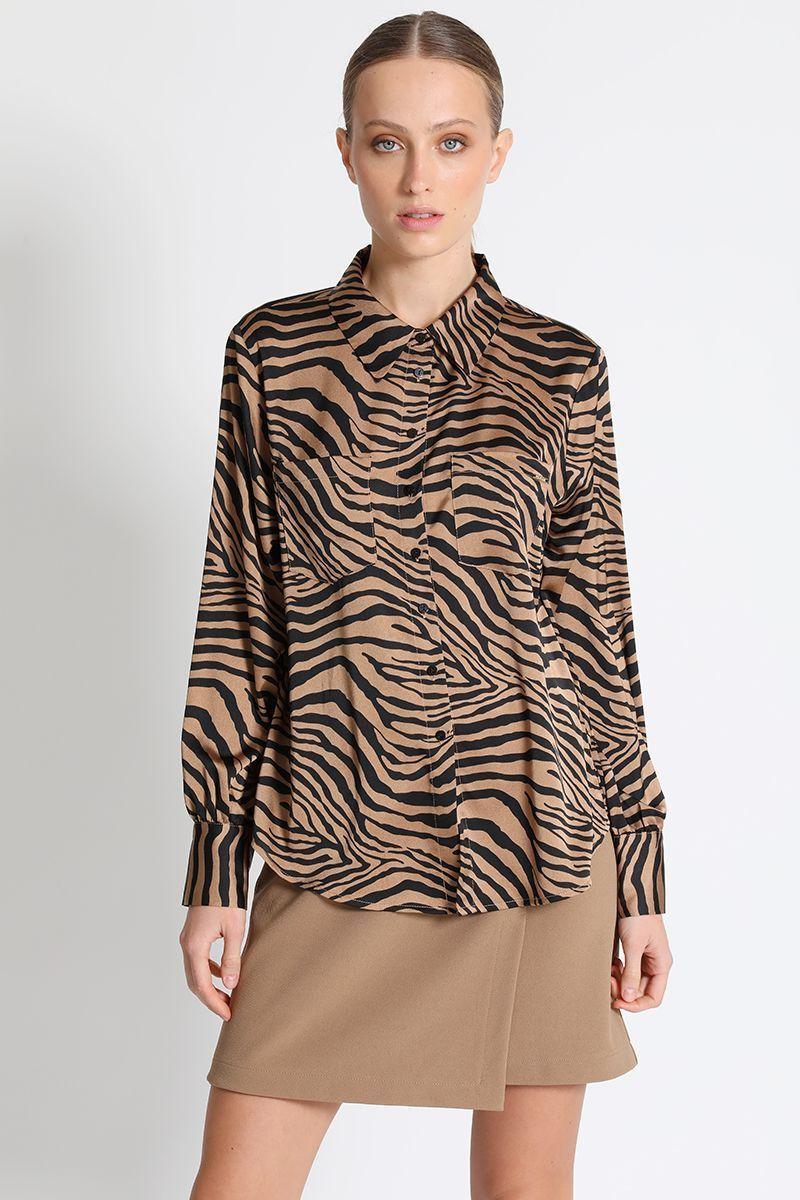 Blusa Camisera Estampado Cebra Café Liola-1