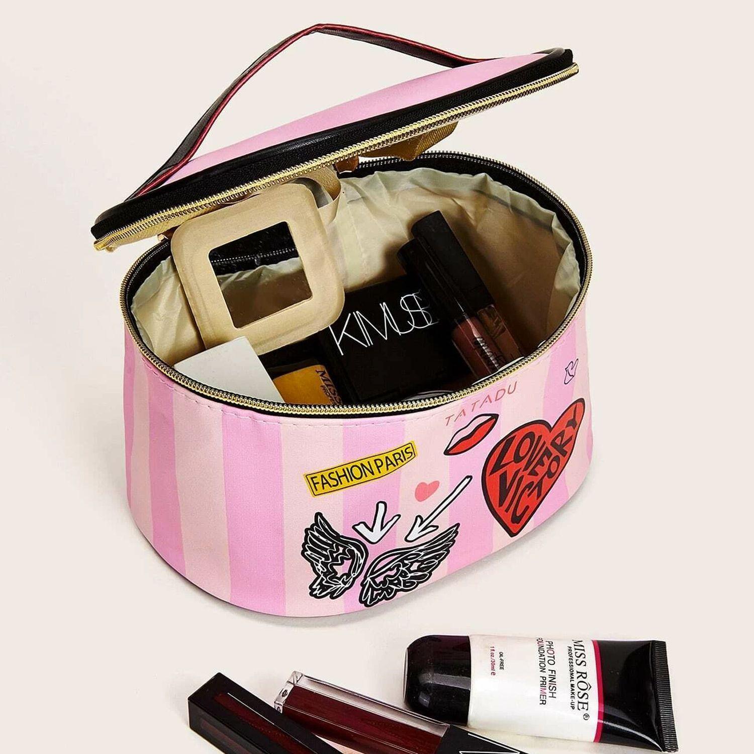 Cosmetiquero Para Maquillaje "Love Victory" Rosado Incluye Mini Espejo-2