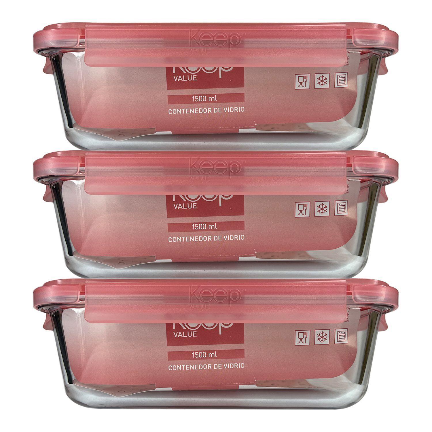 Pack 3 Taper Hermético Rectangular de Vidrio 1500 ml - Keep-0