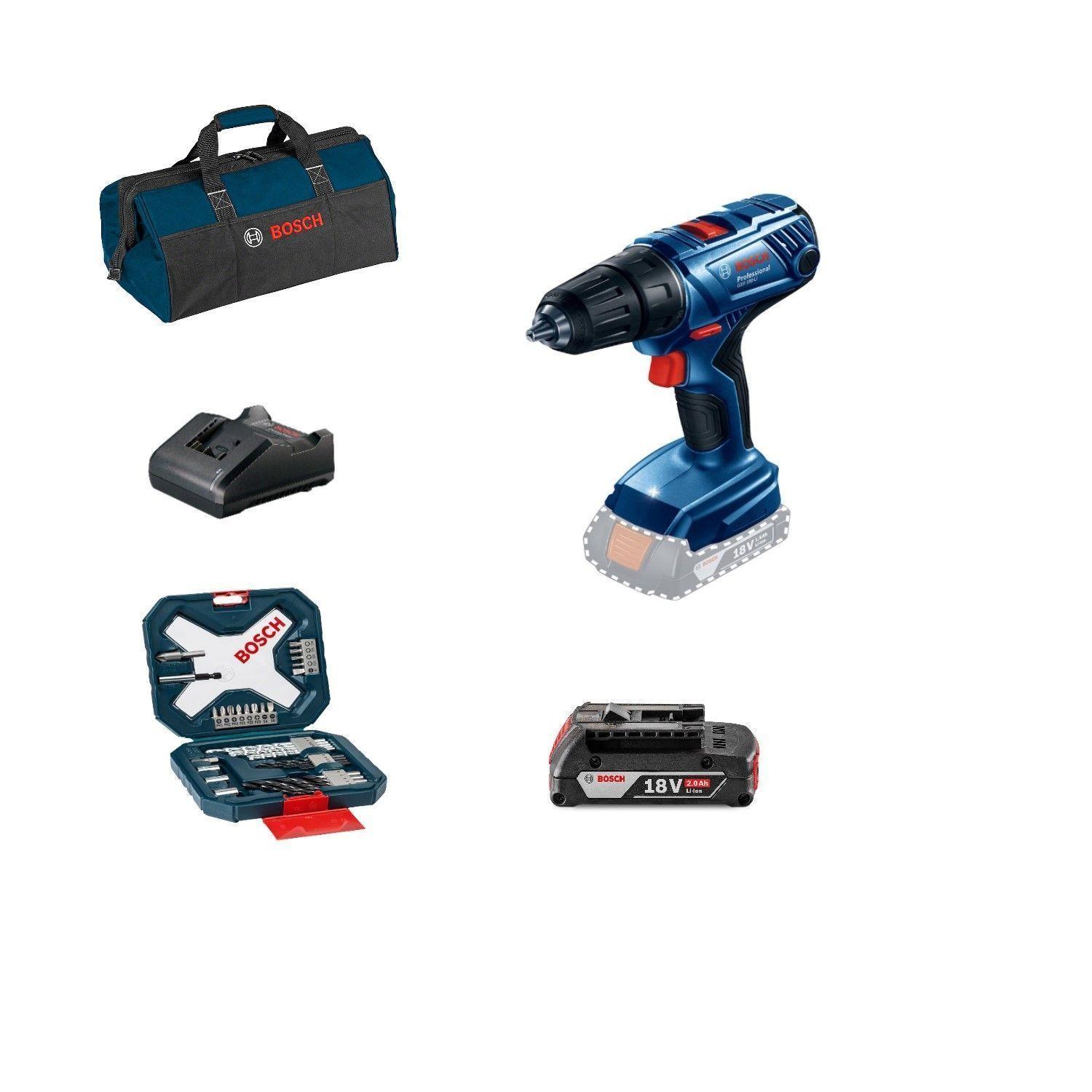 Taladro Atornillador 18V GSR 180-Li + Bateria 2Amp + Cargador + Maletin X-Line 34 Piezas Bosch-0