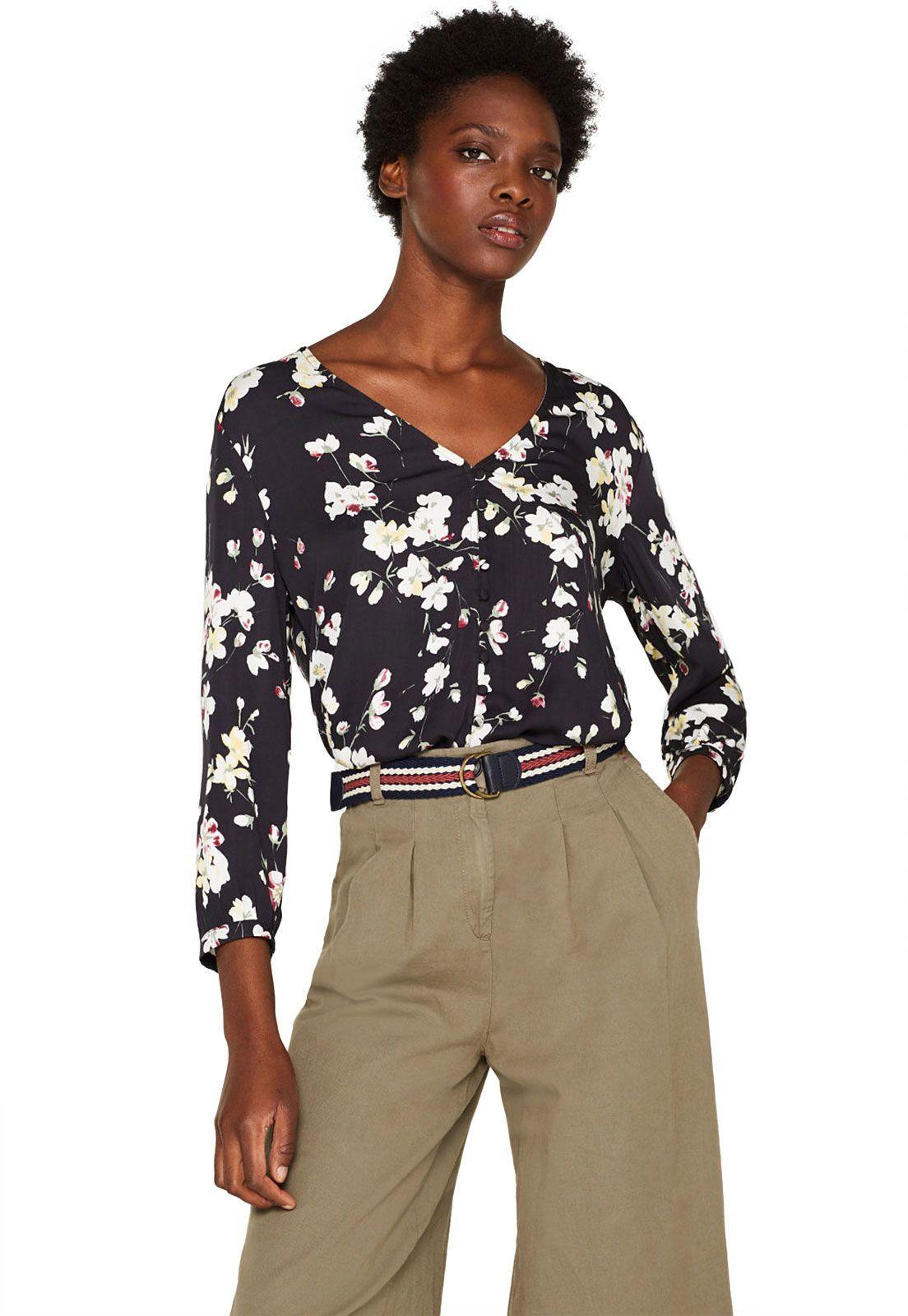 Blusa con estampado y tira de botones decorativa Negro-0