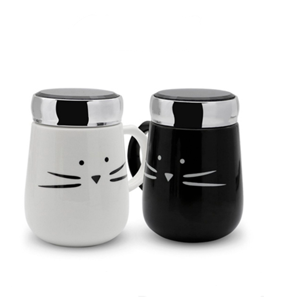 Set 2 Tazas Cerámica Cuchara Diseño Gato Blanco Y Negro-0