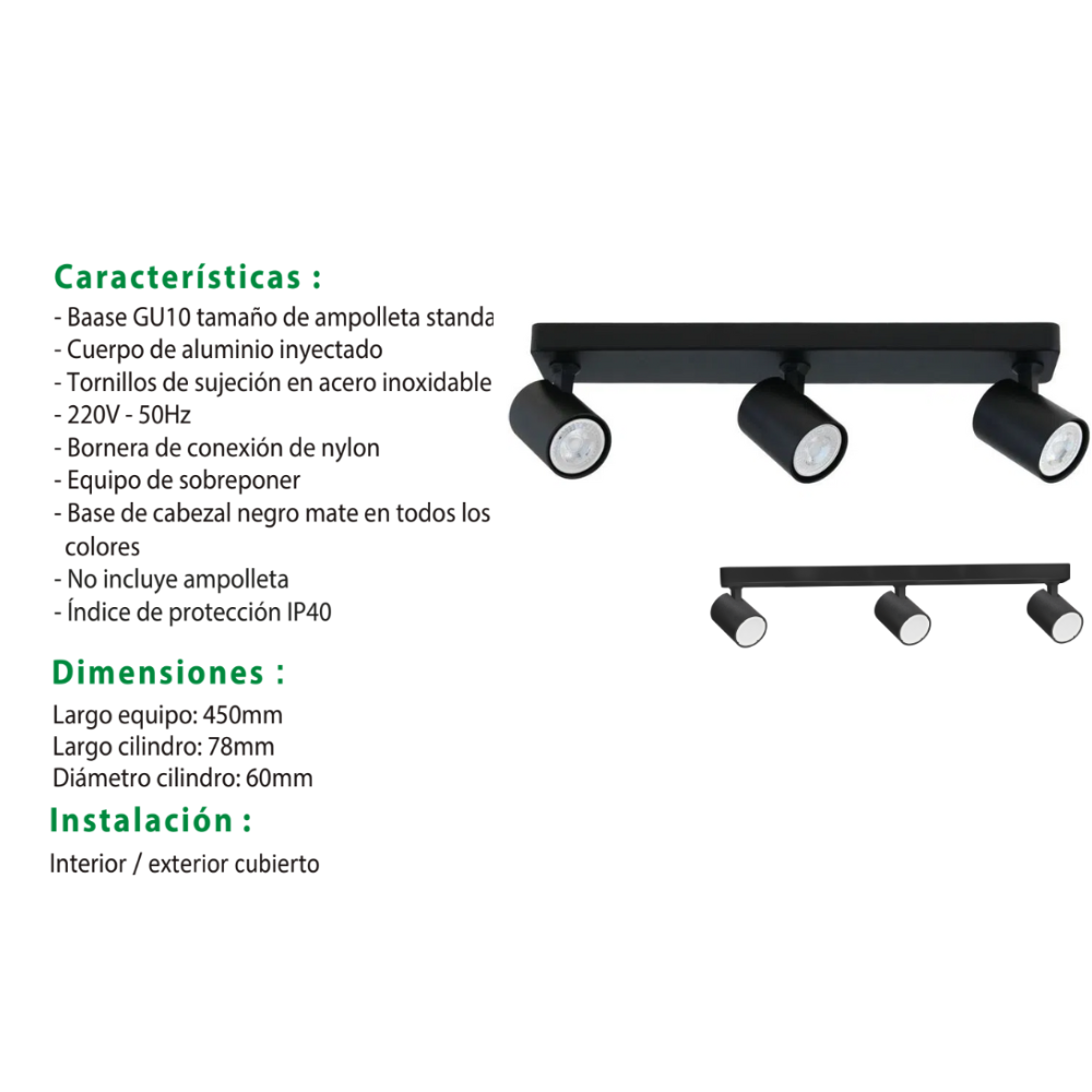 Foco Sobrepuesto 3XGU10 Dirigible Abit Negro-5