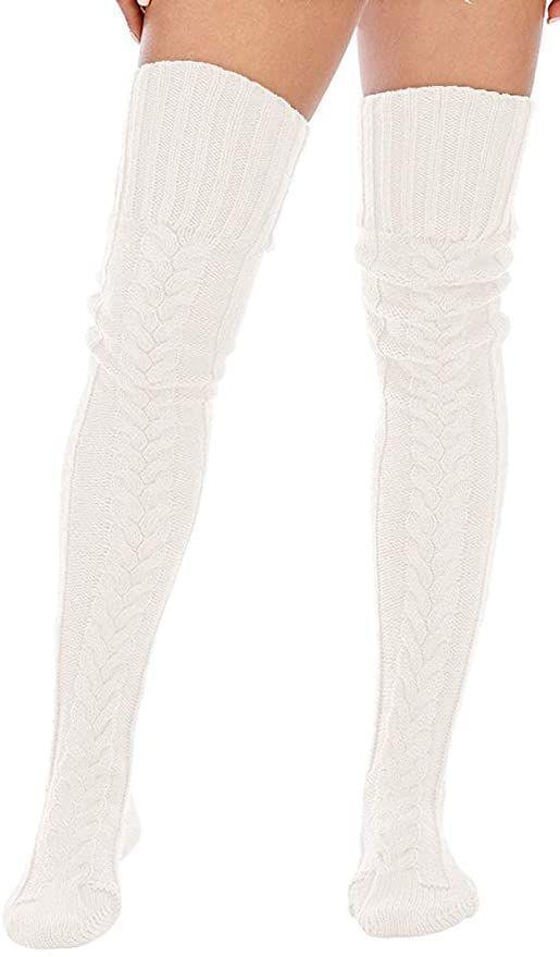 Calcetas Invierno tejidas encima de Rodilla BLANCO-3