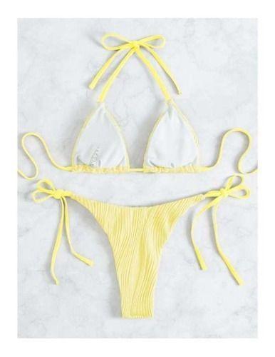 Traje Baño Tiro Alto Cintas Ajustables Tela Corrugada Realce-1