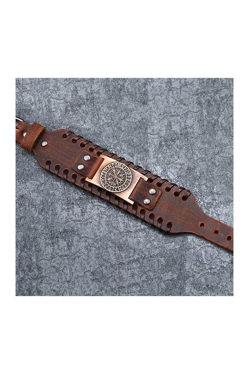 Pulsera cuero ajustable. Modelo Vegvisir Vikingo Café-3