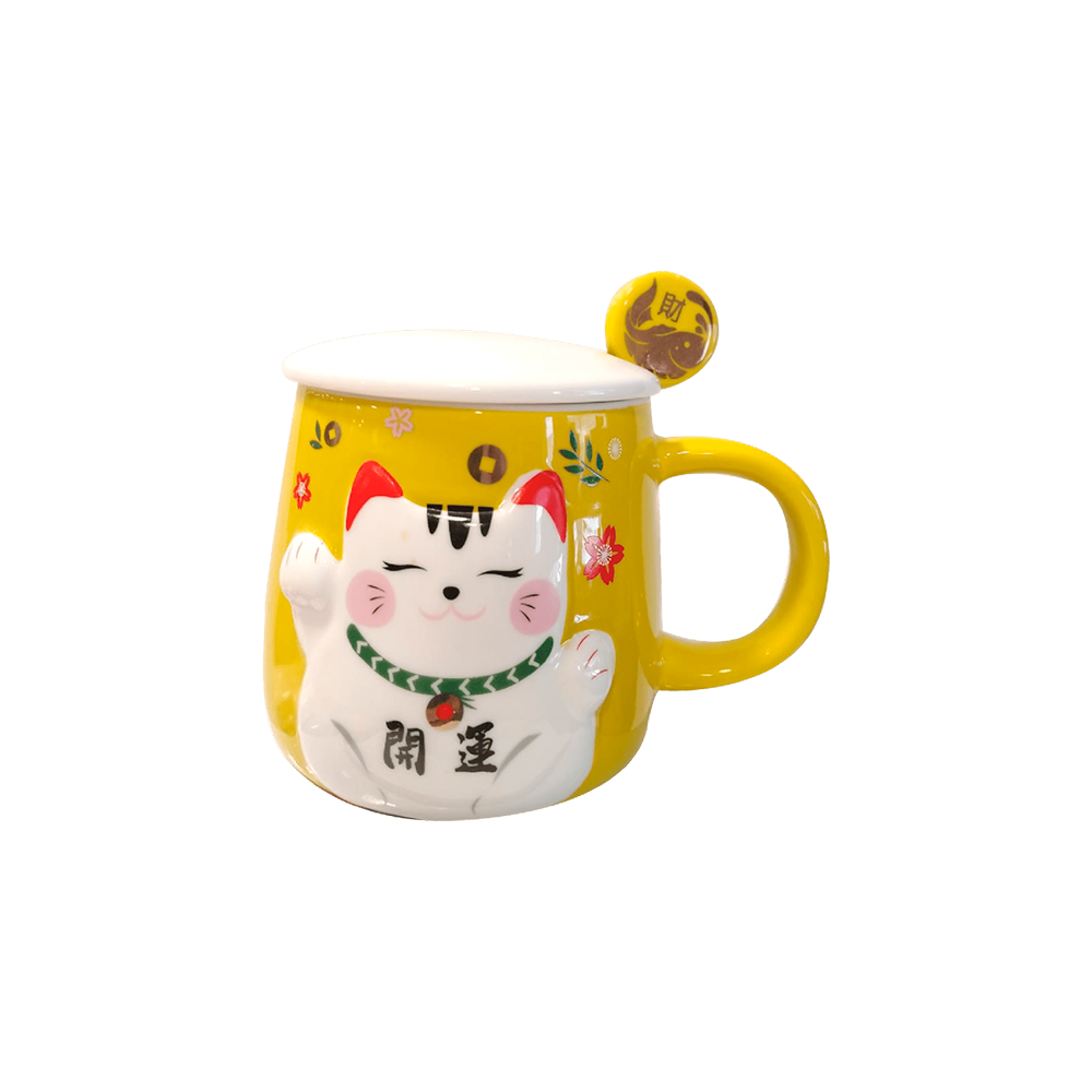 Taza Te Cafe Ceramica Gato Tapa Cuchara Amarillo-0