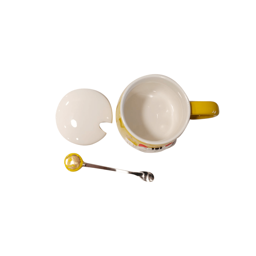 Taza Te Cafe Ceramica Gato Tapa Cuchara Amarillo-1