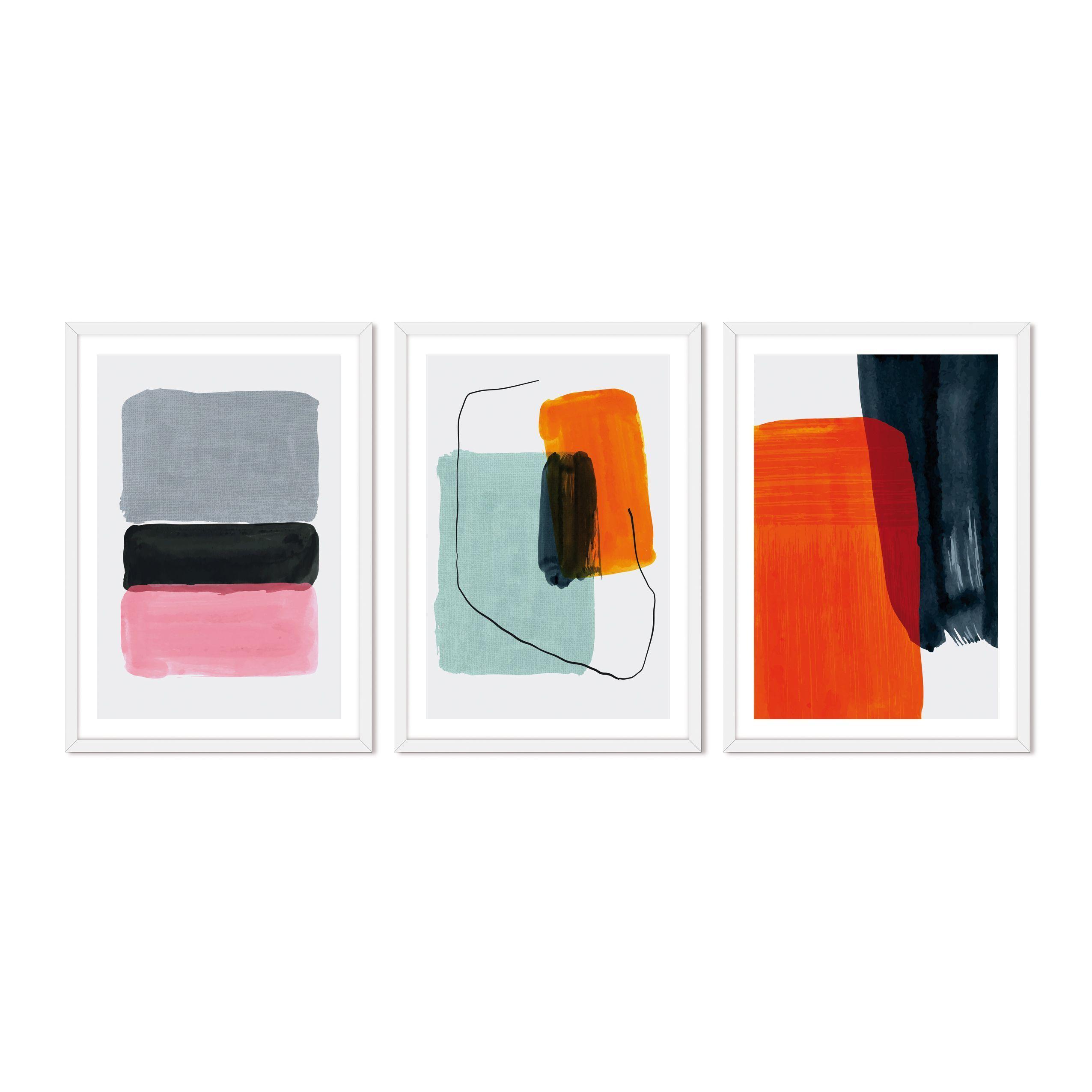 Set Triple Cuadros Abstracto Naranjo Gris-0