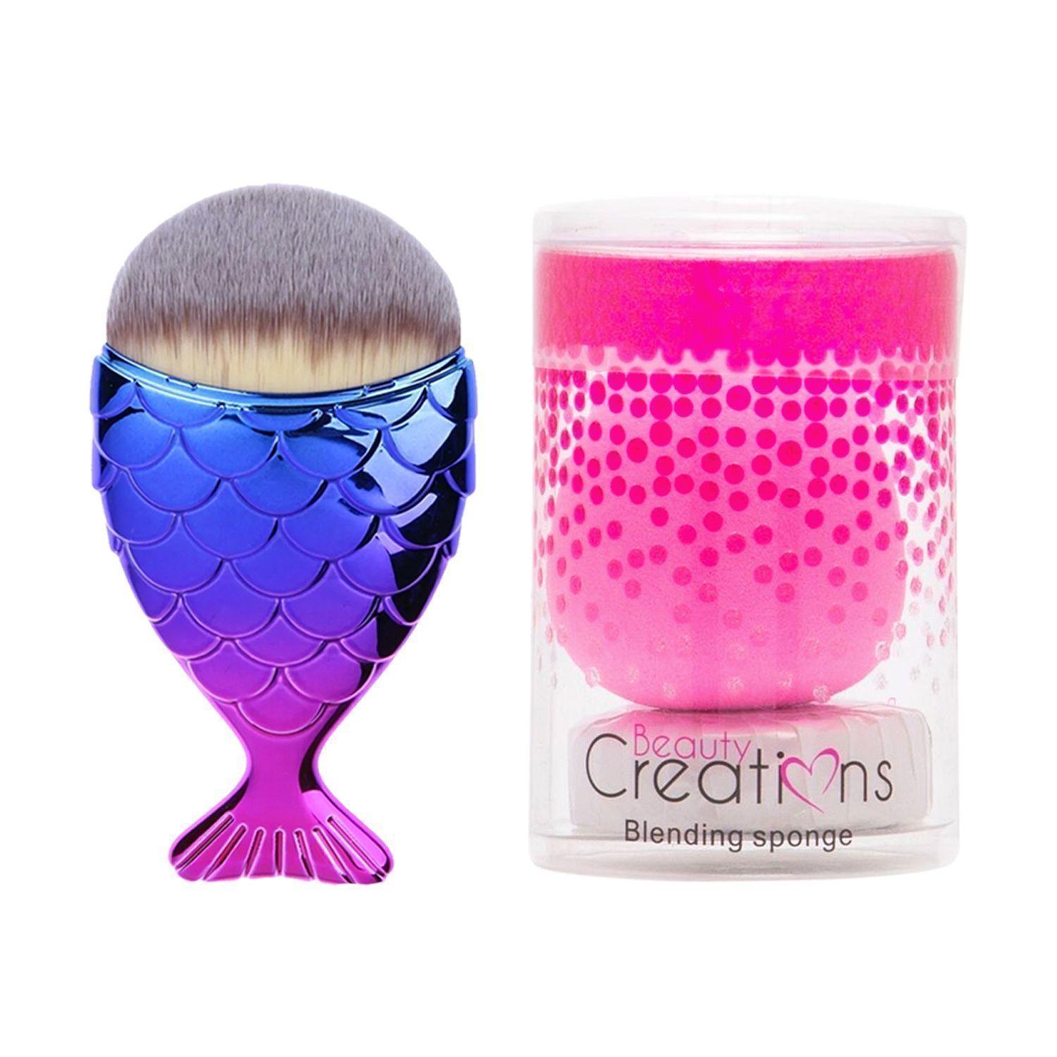 Pack Brocha Estilo Sirena Malú + Esponja De Maquillaje "Blending Sponge" Con Jabón Beauty Creations-0