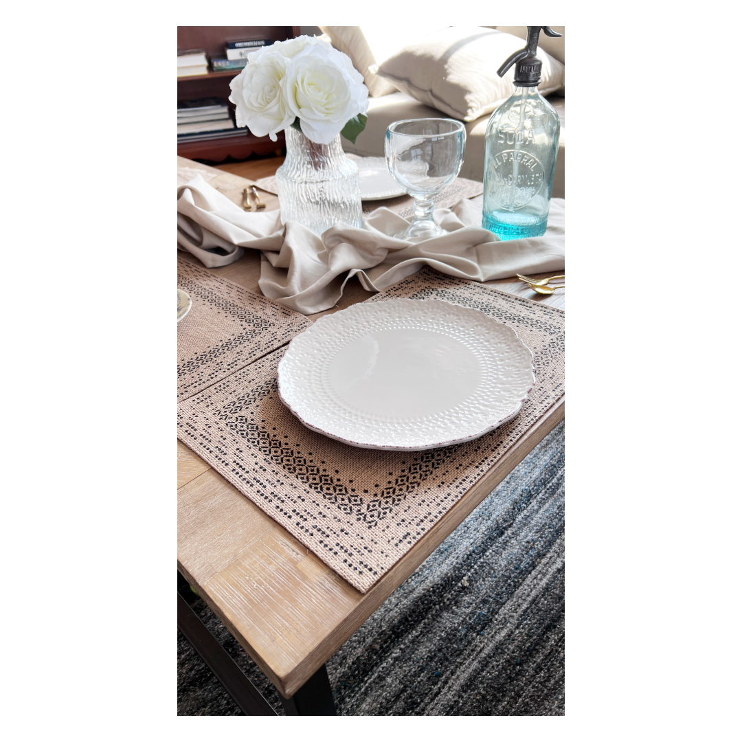 SET 6 Individuales Arpillera Estampado Natural Vintage Negro-1