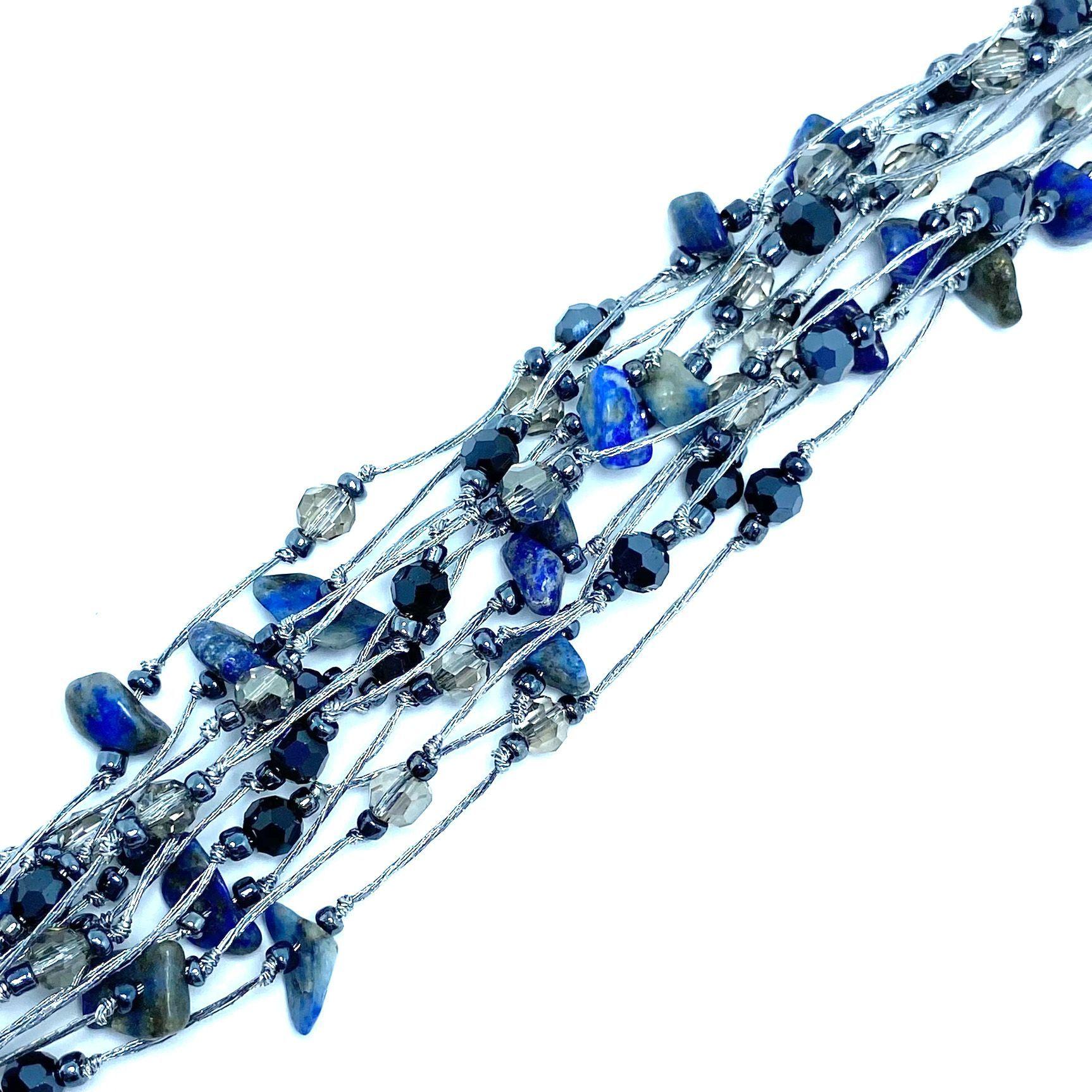 Pulsera Lapislázuli Cristal Hilo Seda Plateado-1