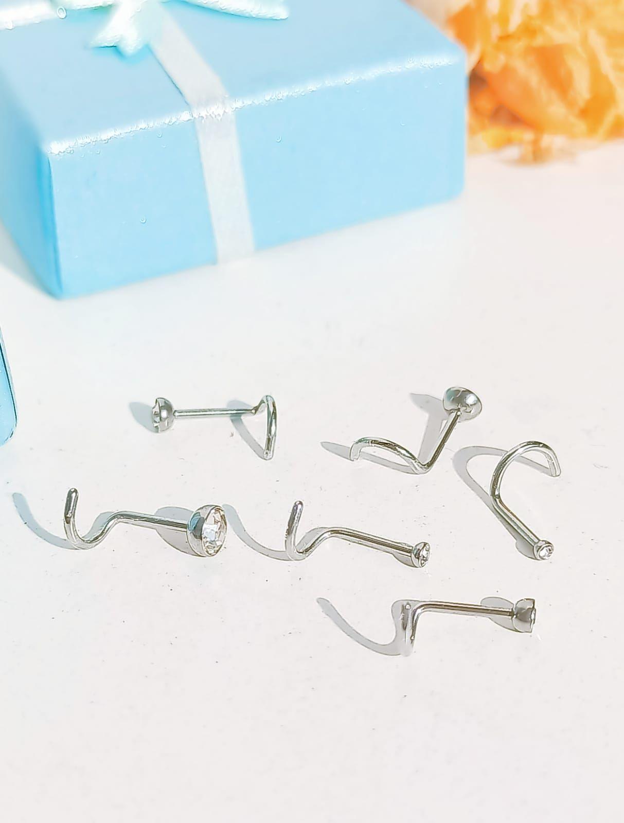 Set De 6 Piercing Nostril Punto De Luz Tipo S Plateado Punk-4