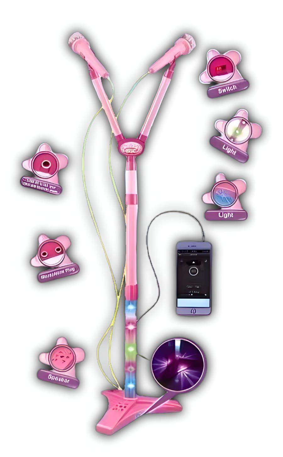 Micrófono Doble Pedestal Juguete Mp3 Con Luces Rosada-5