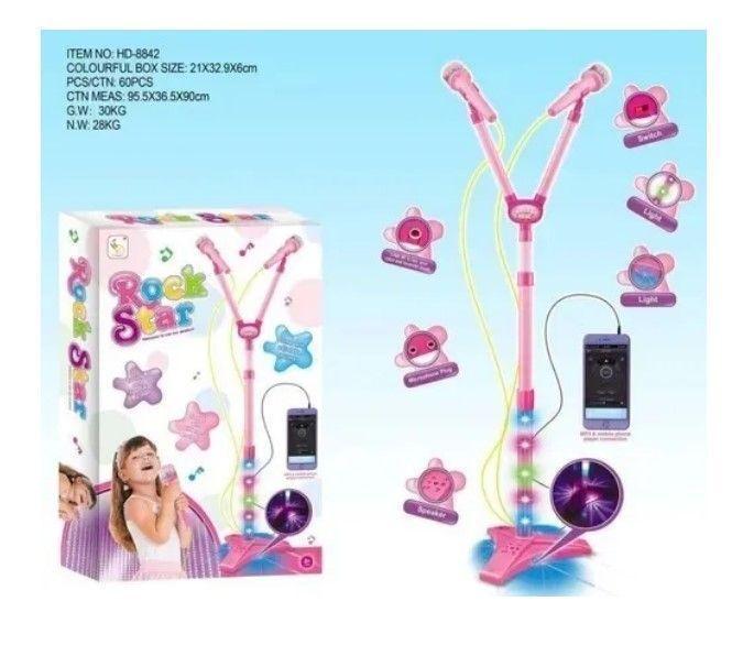 Micrófono Doble Pedestal Juguete Mp3 Con Luces Rosada-6