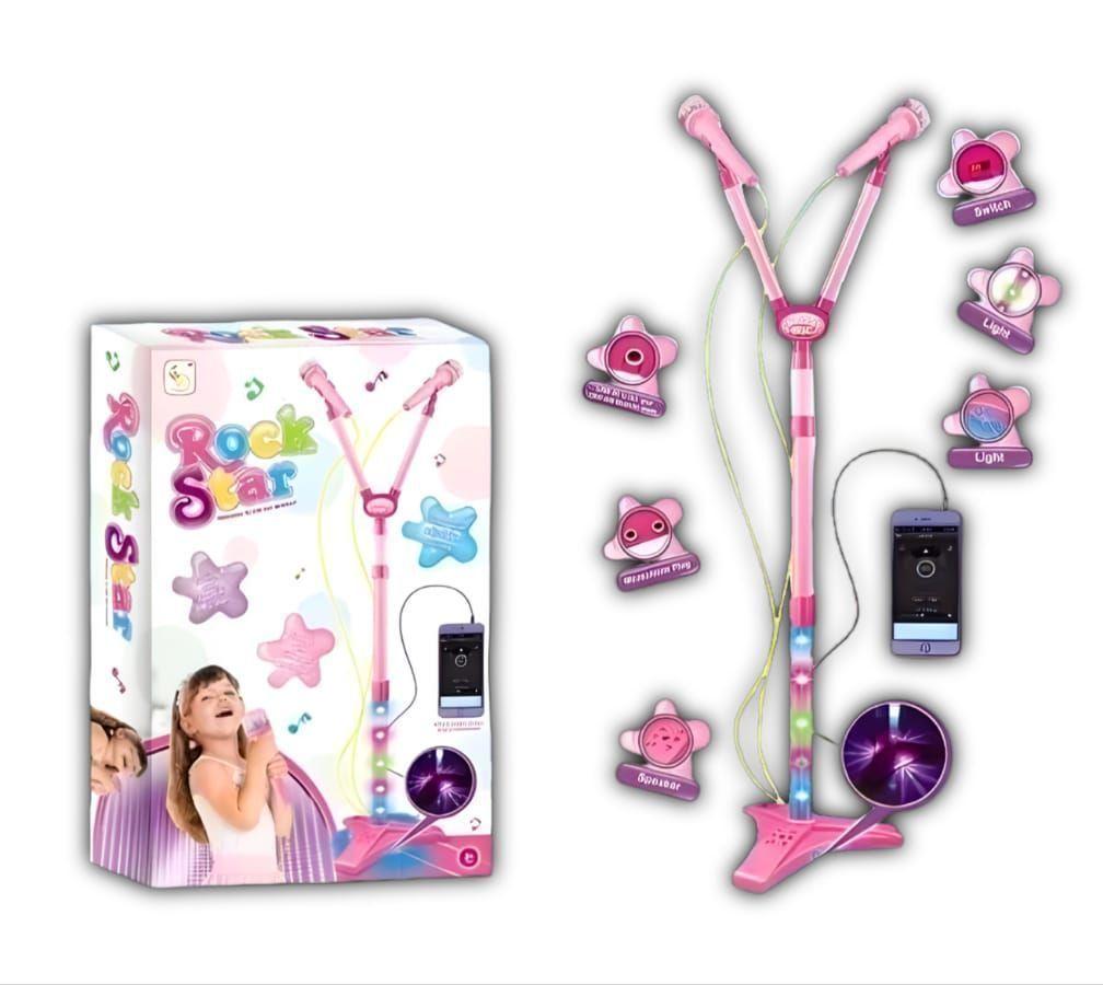 Micrófono Doble Pedestal Juguete Mp3 Con Luces Rosada-4