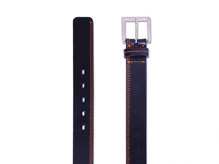 CINTURÓN CUERO NEGRO COSTURAS INFERIORES NARANJA-3