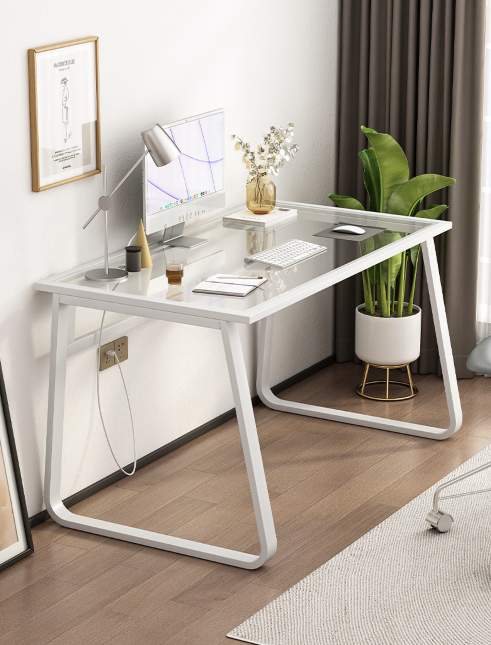 Escritorio Repisa De Vidro Base Metal Oficina -0