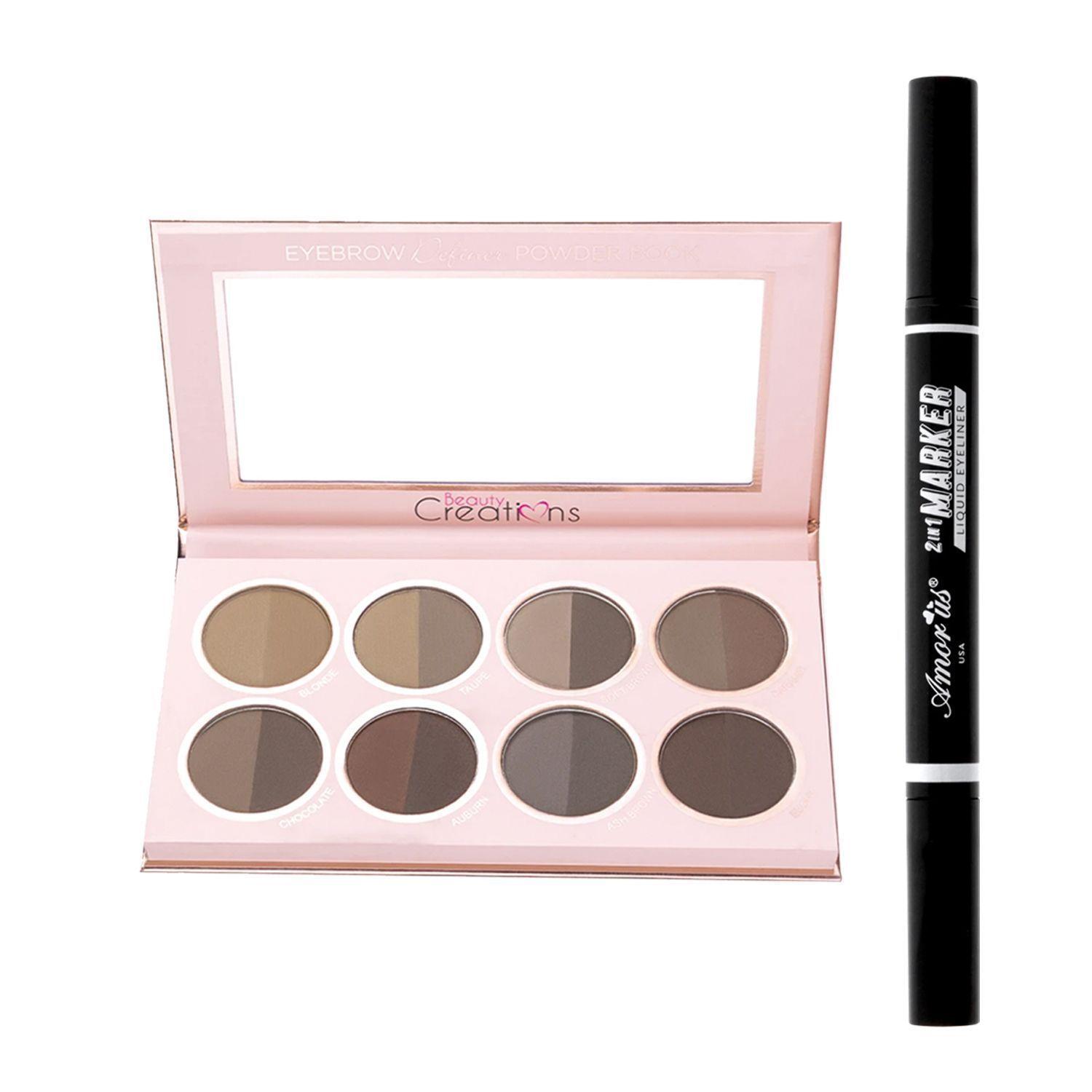 Pack Paleta Definidor De Cejas "Powder Book" Beauty Creations + Delineador Líquido A Prueba De Agua 2 En 1 Amor Us-0