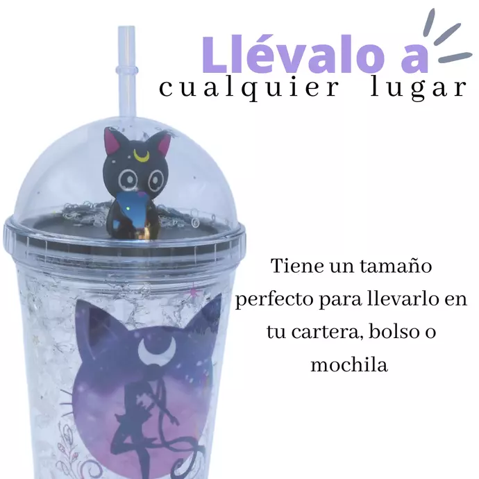 Vaso Diseño Sailoor Mon Luna Negra Con Glitter y Luz Led Kawaii-5
