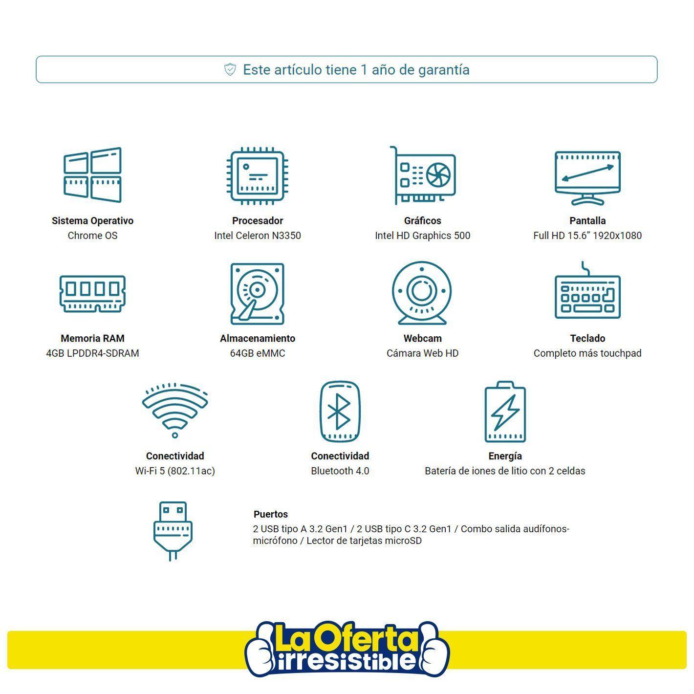 Notebook Chromebook Asus Intel Celerón 4Gb 64Gb 15'6-2