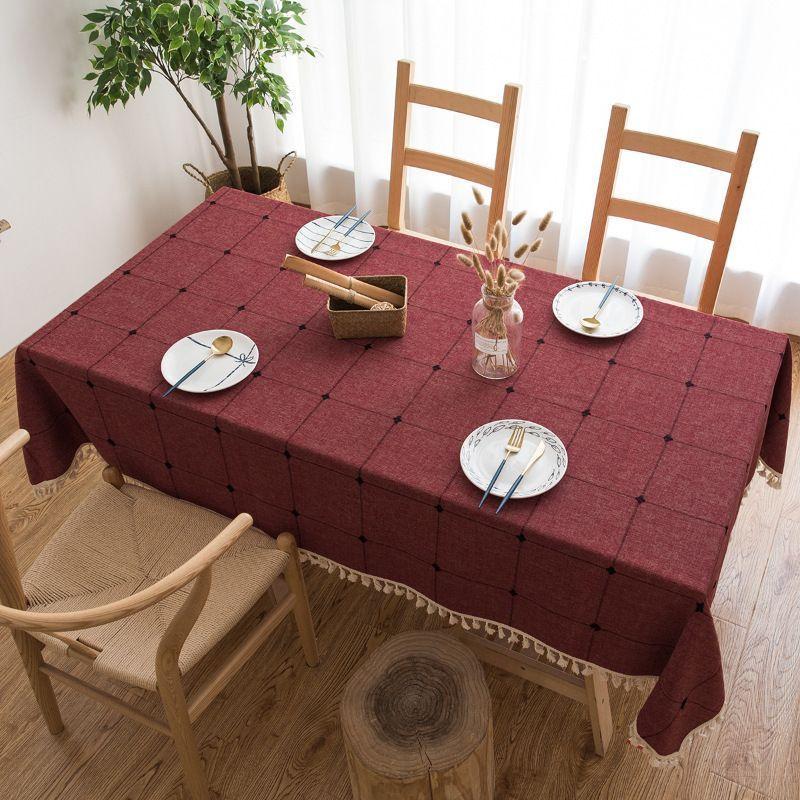 Mantel Rectangular Burdeo Bordado con Borlas-2