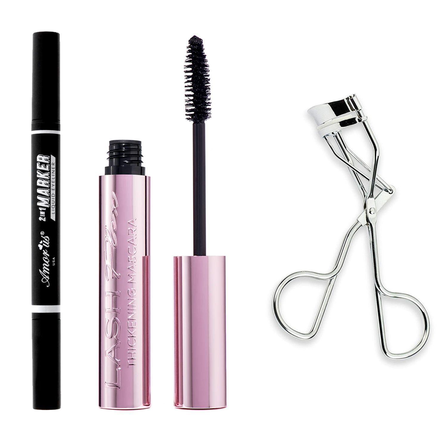 Set Máscara de Pestañas "Thickening" + Encrespador de Pestañas "Flirty Lashes" Plateado o Negro + Delineador 2 en 1 de Amor Us-0