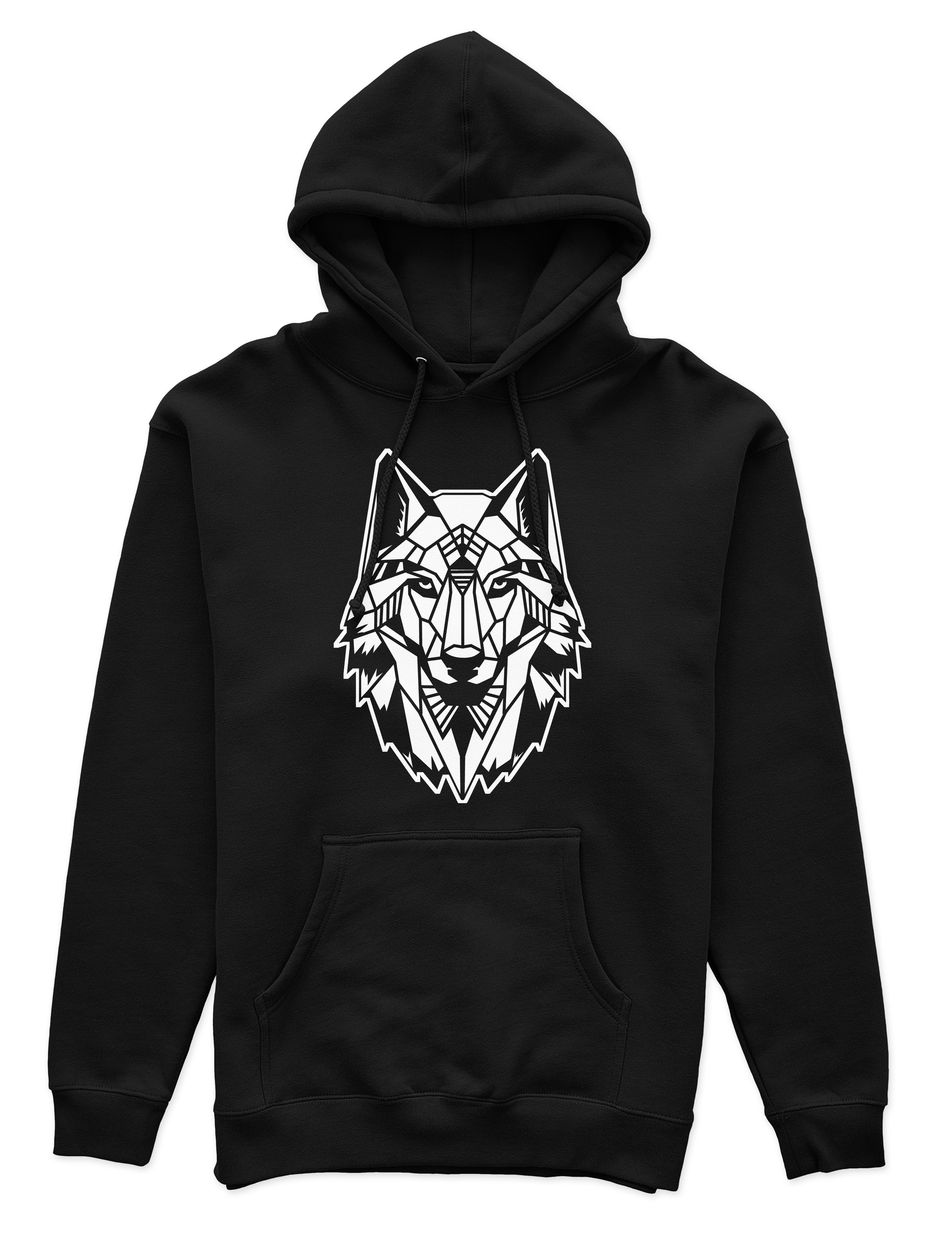 Polerón Canguro Unisex Negro - Lobo Geométrico -0