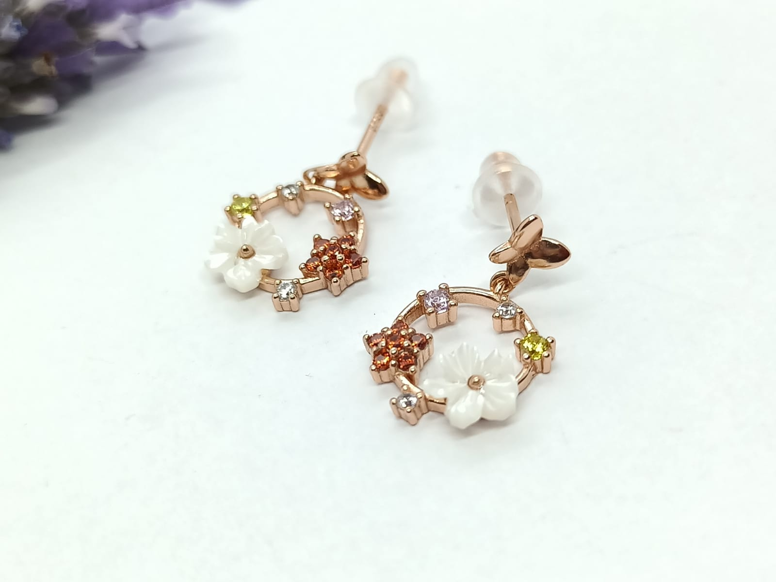 Aros Flor Colores Plata Zirconia Mariposas Niñas Pendientes chapado en oro-2