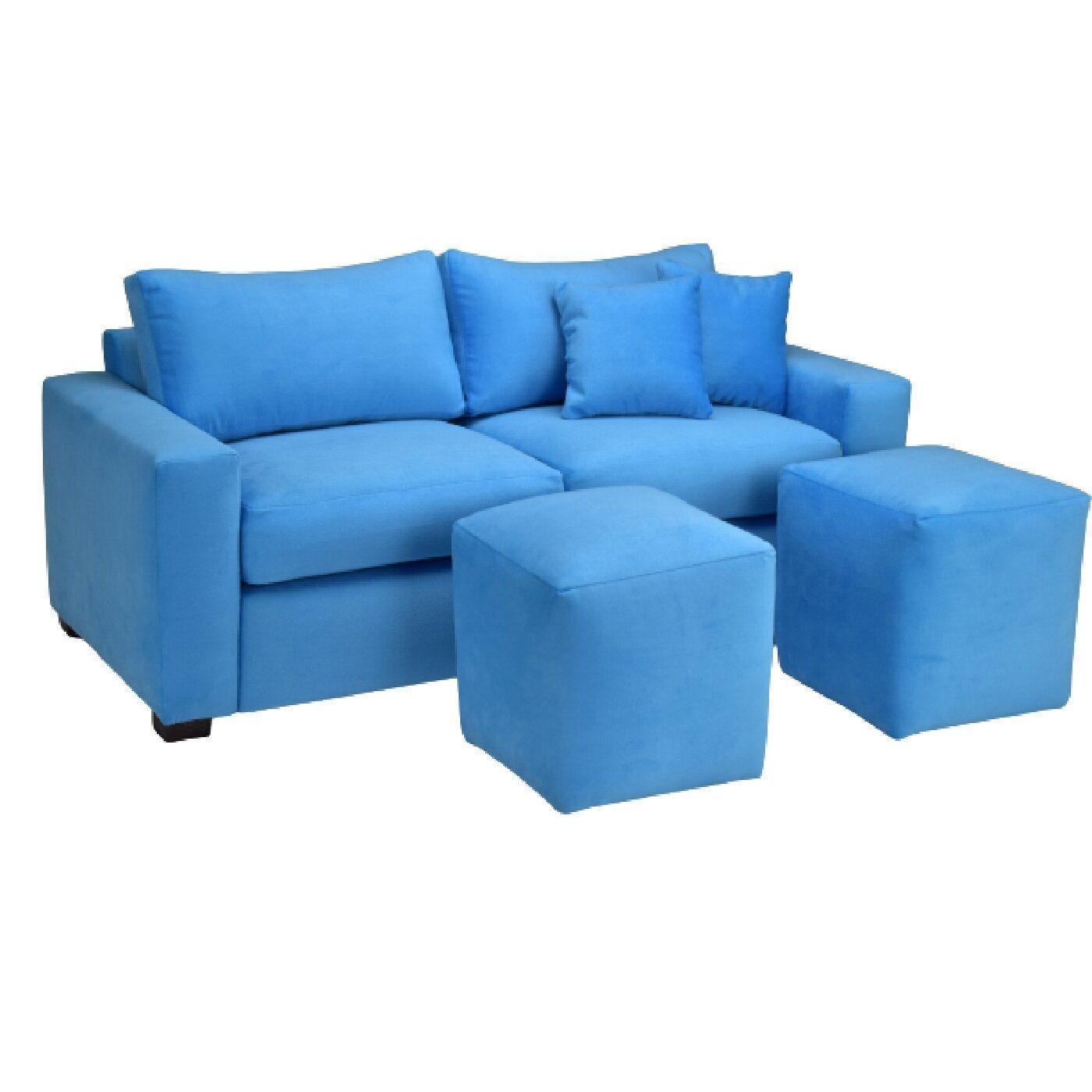 Sofá BILDUN Romme 3 Cuerpos Felpa Azul Ligero + 2 Pouf-2