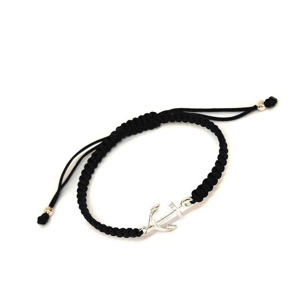 Pulsera Ancla Plata Fina 925 Cordón Negro Ajustable-0