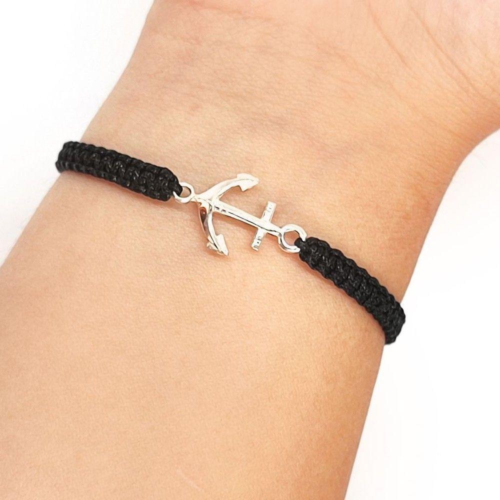 Pulsera Ancla Plata Fina 925 Cordón Negro Ajustable-1