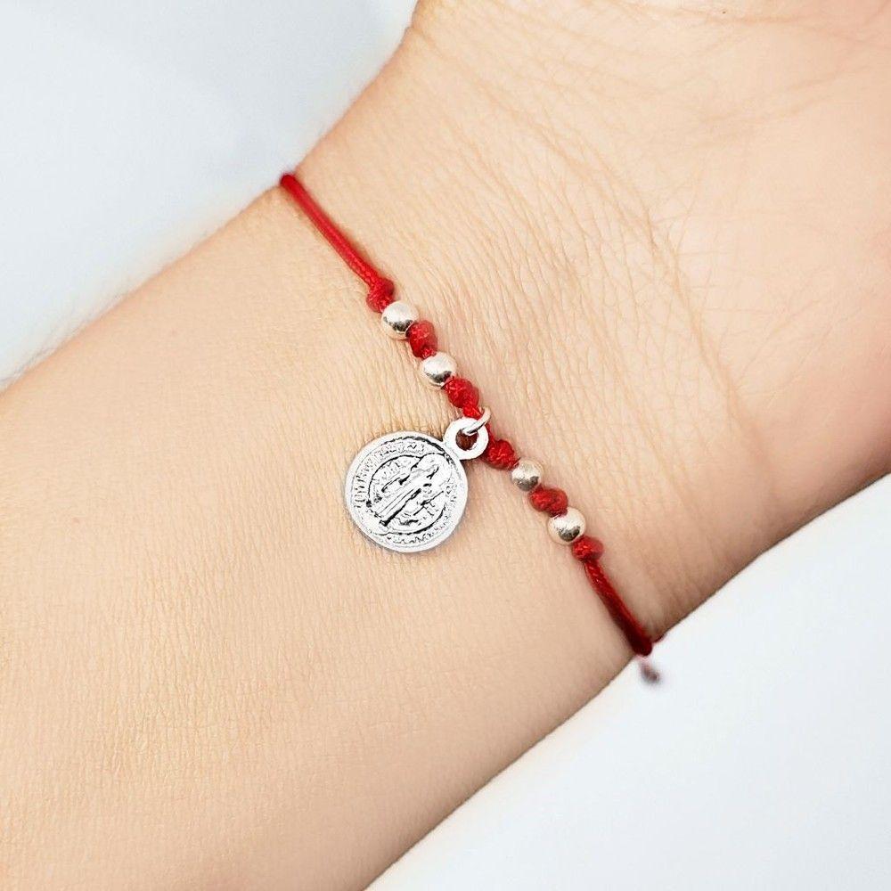 Pulsera San Benito Cordón Rojo Plata Fina 925-2