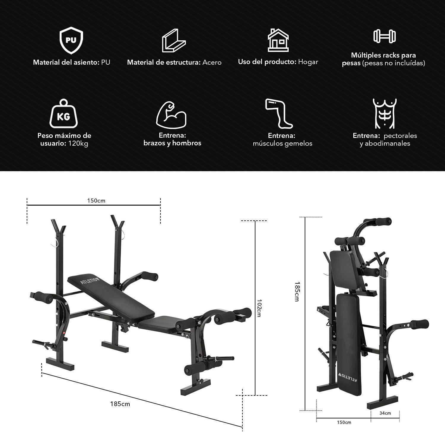 Pack Banca Multifuncional Plegable +  Set Mancuerna Armable 20kg-2