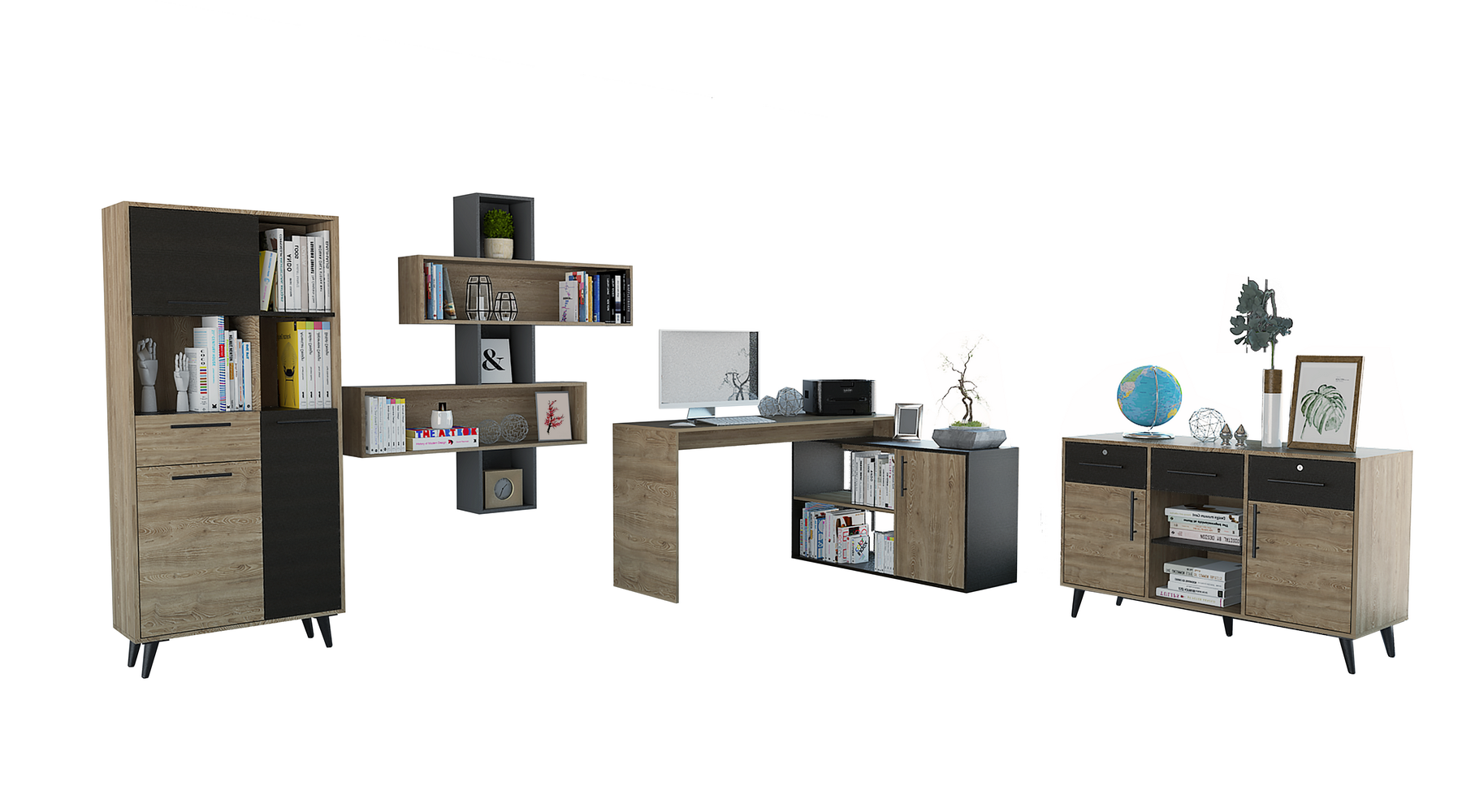 ESCRITORIO 1L + BIBLIOTECA + ARMARIO  + WALL 2B BIBAO - MIEL / WENGUE-1