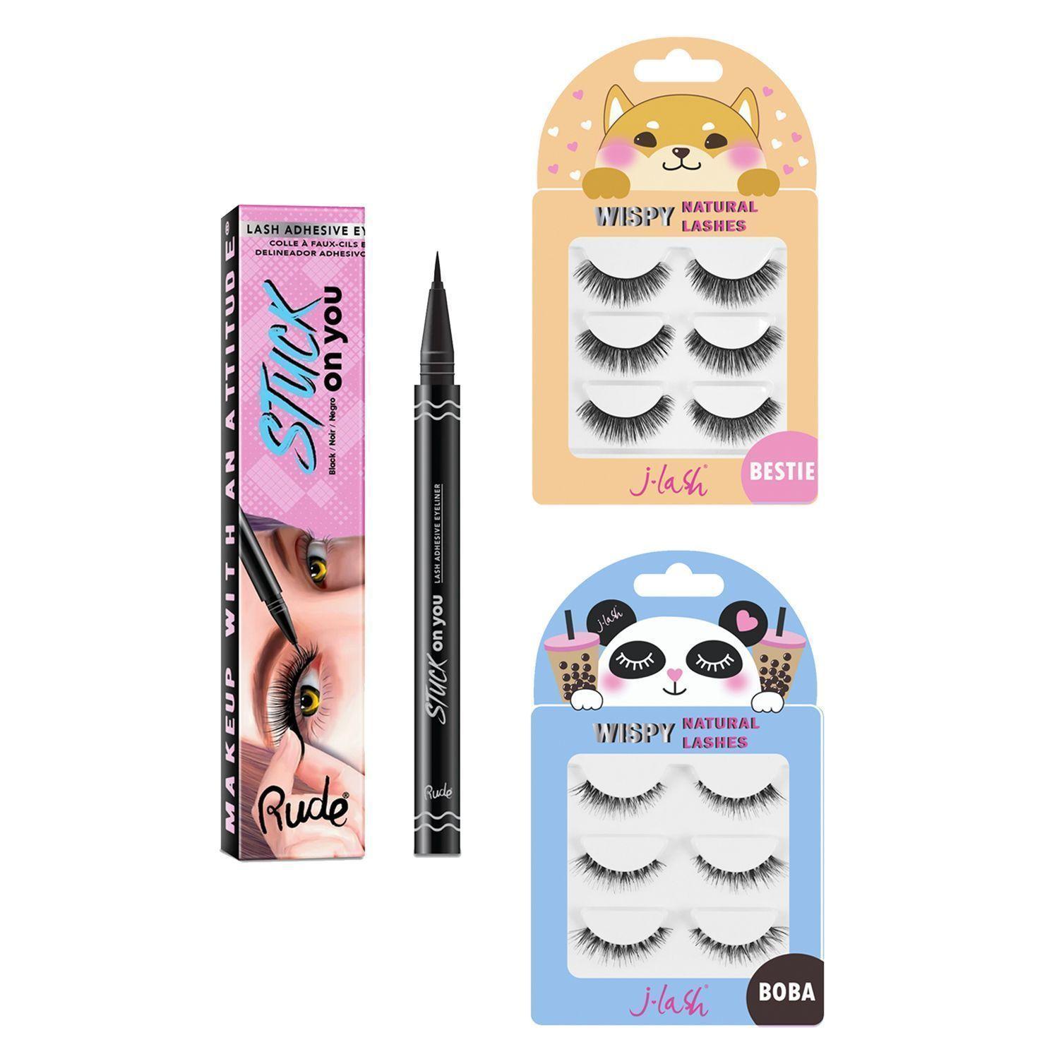 Kit Pestañas "Bestie" y "Boba" + Delineador Adhesivo "Stuck On You" Negro Rude Cosmetics-0