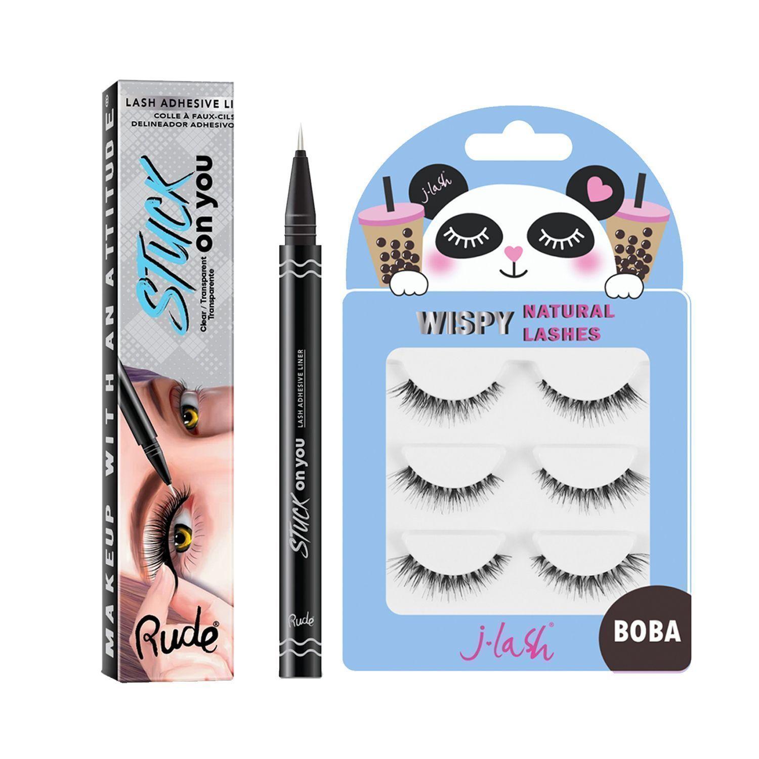 Kit Pestañas "Boba" J-Mask + Delineador Adhesivo "Stuck on You" Rude Cosmetics-0