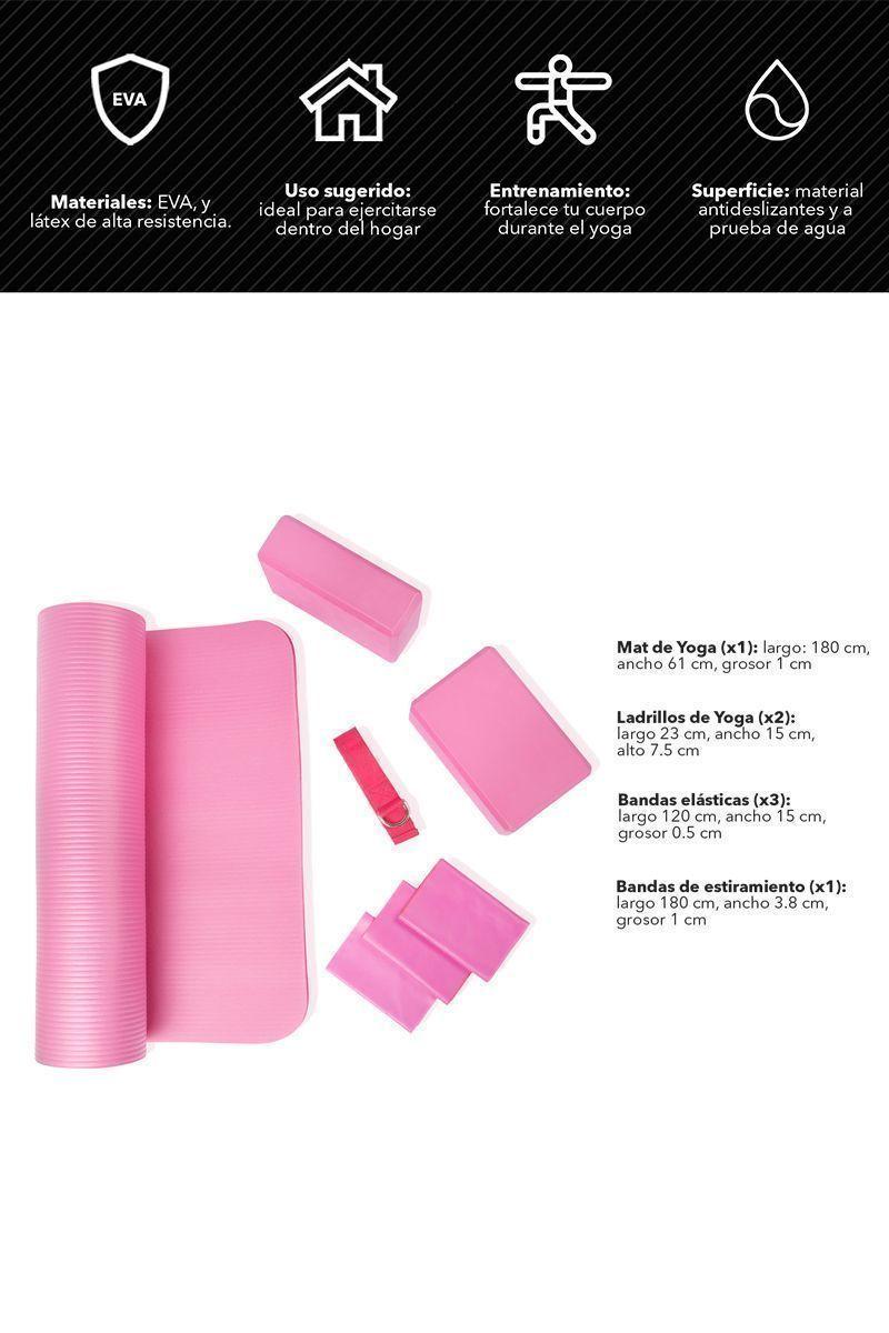Set Yoga Bloques Mat Bandas de Estiramiento Rosado-2