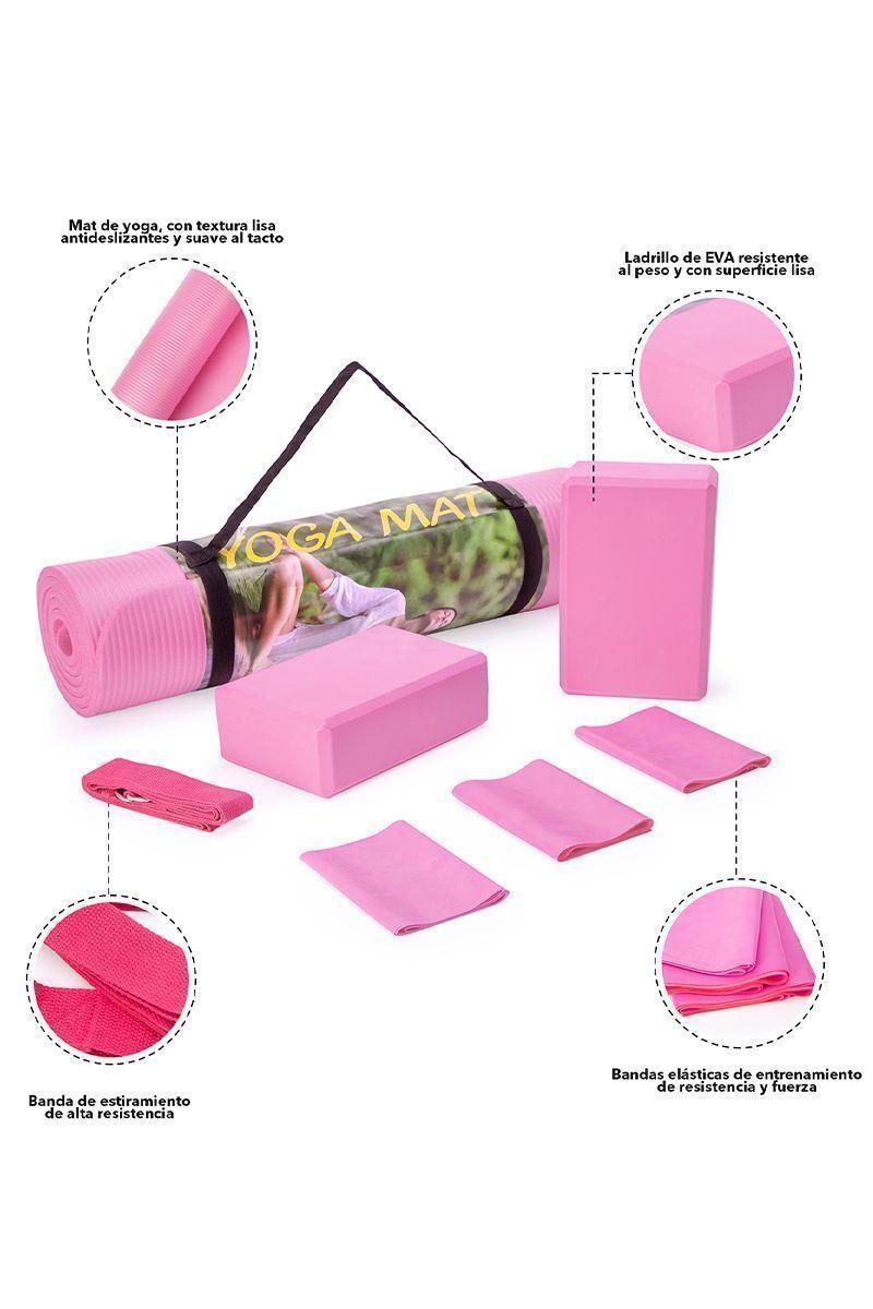 Set Yoga Bloques Mat Bandas de Estiramiento Rosado-3