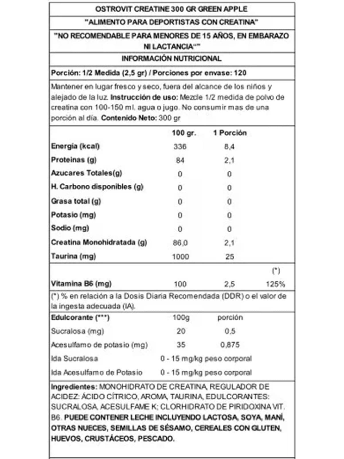Creatina Monohidratada Ostrovit 300 Grs MANZANA VERDE-2