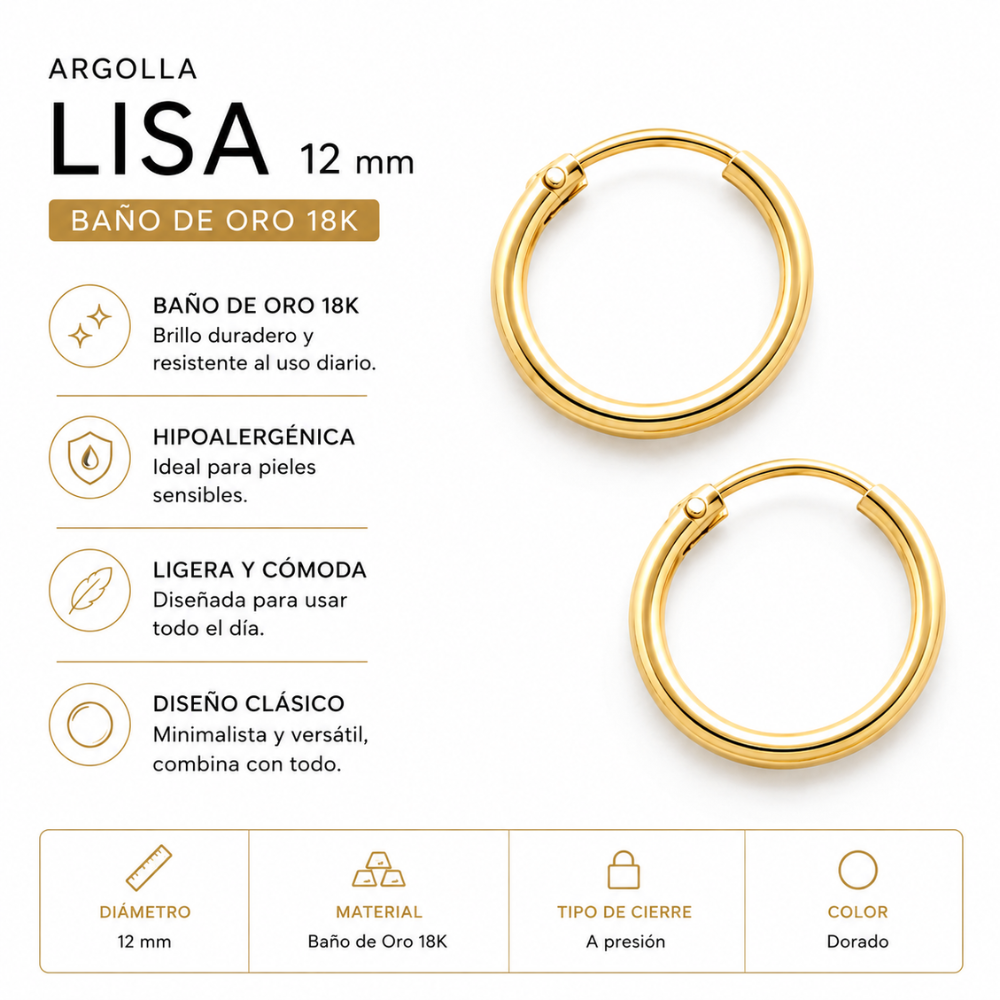 Aros Argolla Lisa 12 mm Ba o de Oro 18K-4