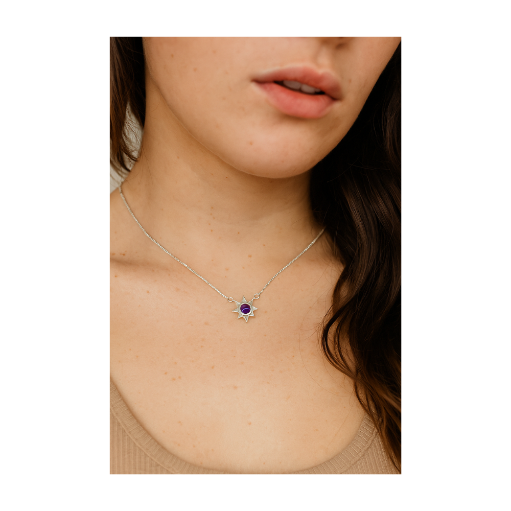 Collar De Plata 925 Estrella Piedra Violeta 45 cm-3