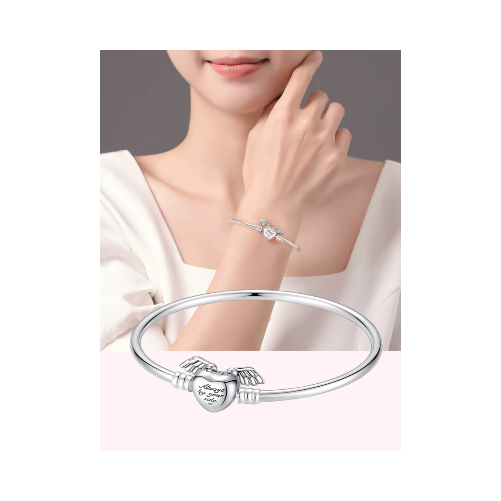 Pulsera Rígida Plateada Con Broche de Corazón Y Alas-3